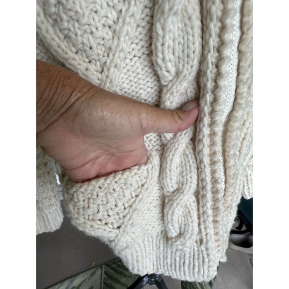 Y2K Native Knit Nordic Hand Made Sweater Wool Chunky Fisherman Sz M Hood Beige - Picture 5 of 8